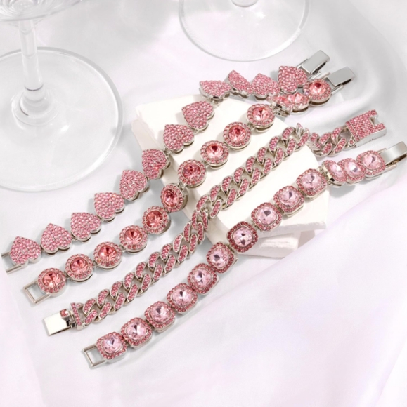Pink Pave Crystal Silver Iced Links Bracelet Rhinestone Round CZ Circle Links - Picture 7 of 8